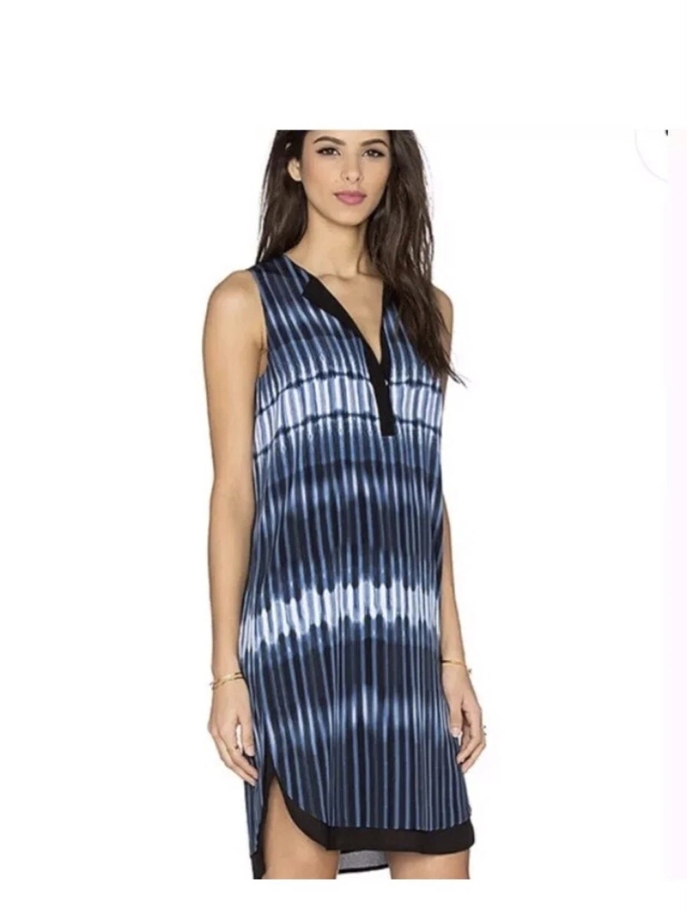 Vince Blue Tie-Dye Silk Double Layered Sleeveless Midi Dress